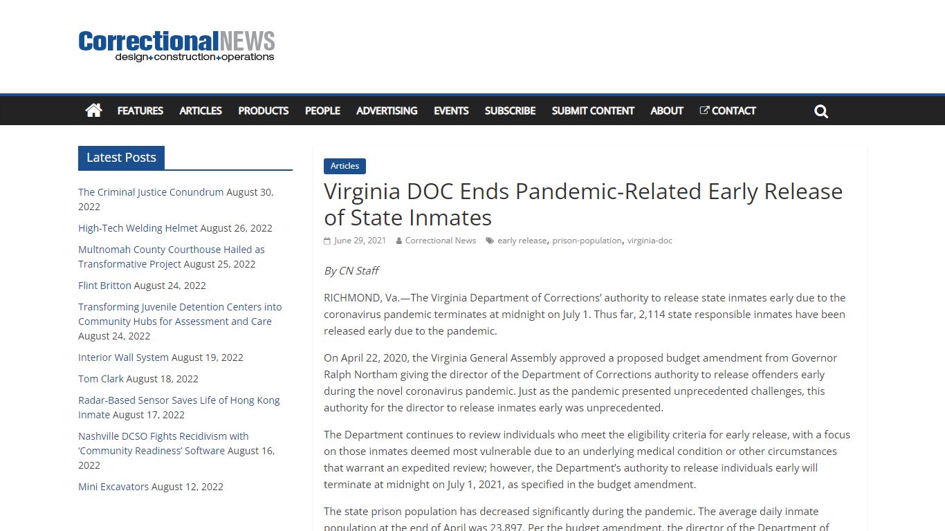 Virginia DOC Ends Pandemic-Related Early Release of State Inmates