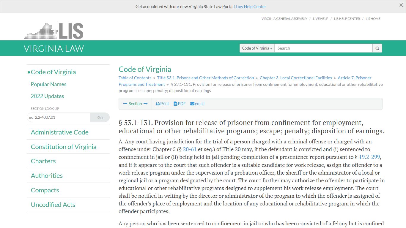 § 53.1-131. Provision for release of prisoner from ... - Virginia